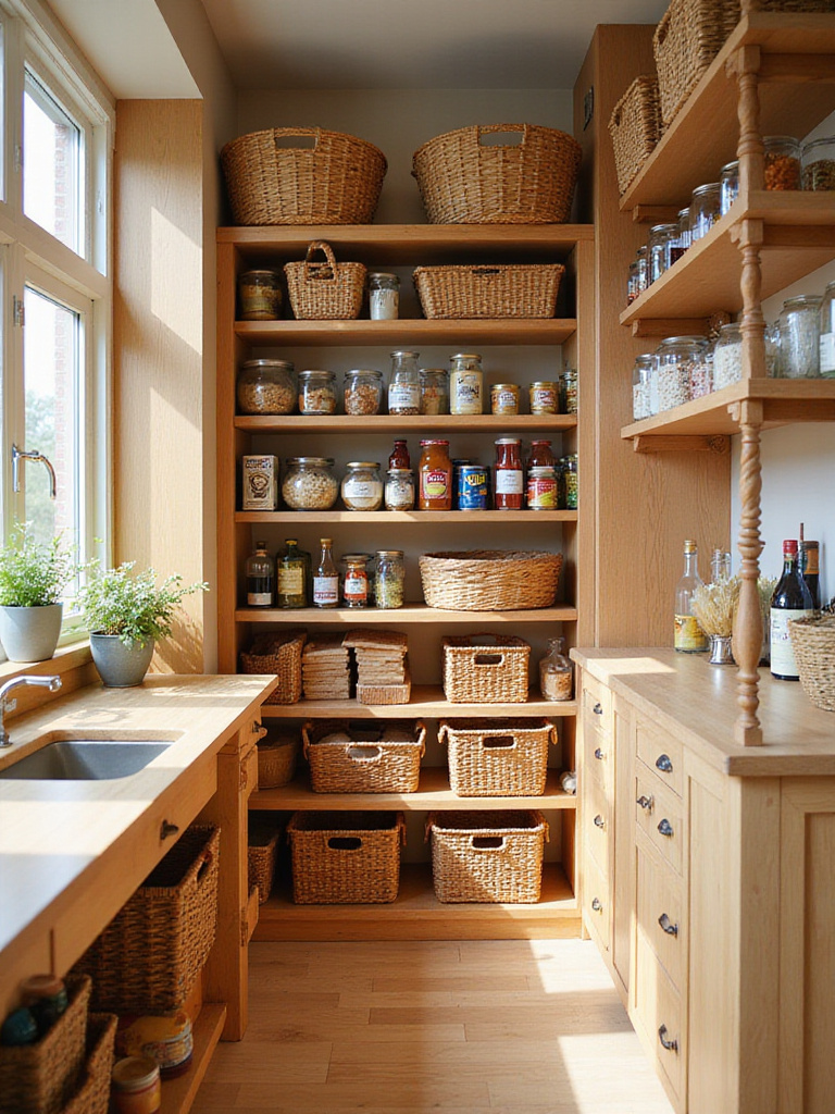 Organized kitchen pantry with stylish and budget-friendly baskets