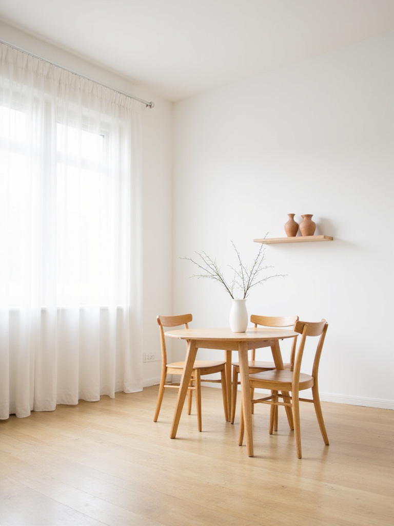 Minimalist dining room with light wood table and neutral color palette