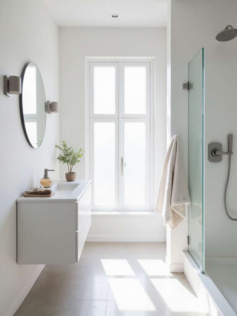 Small, decluttered bathroom with floating vanity and natural light, maximizing space.
