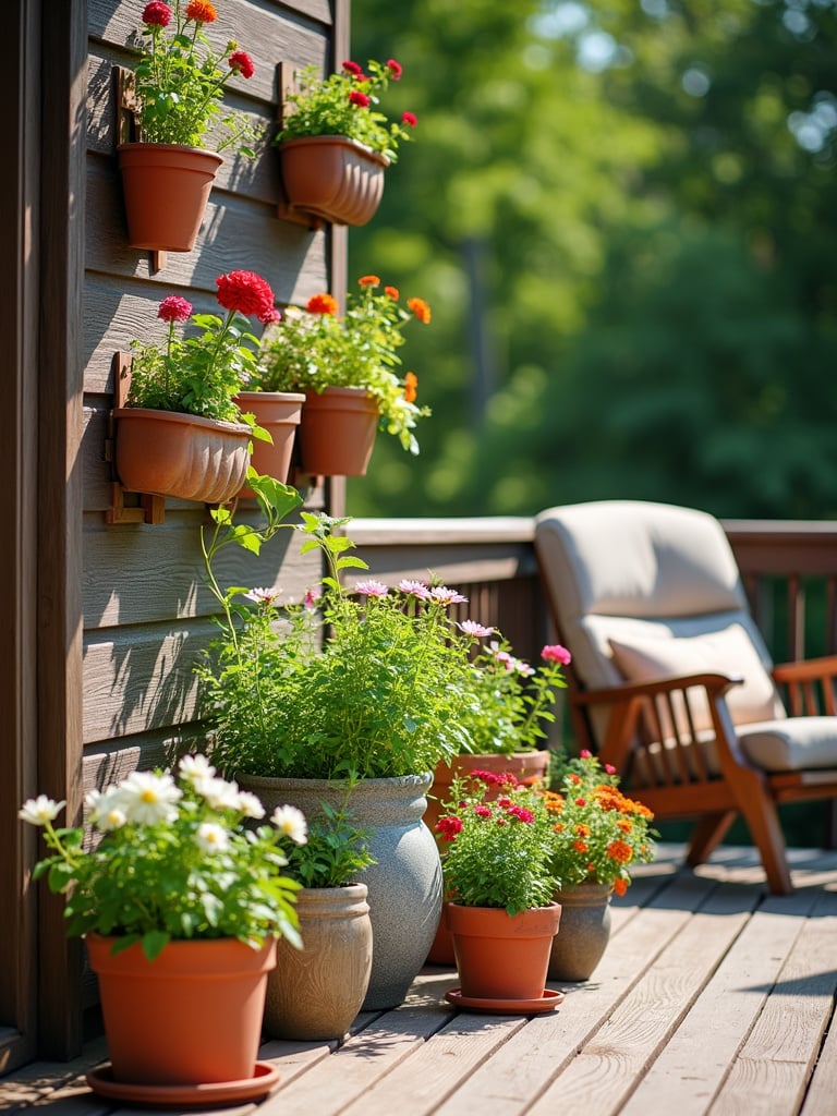 Decorative planters of various sizes and styles showcasing flowers and greenery on a beautifully decorated deck.