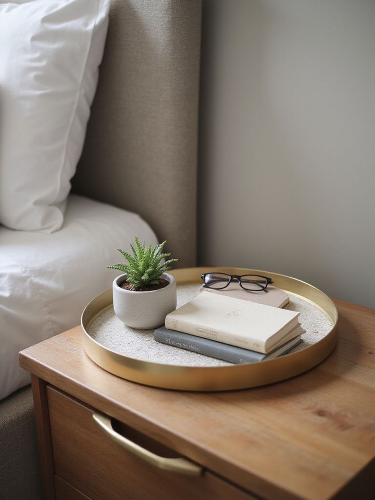 Bedroom nightstand with a gold-rimmed decorative tray holding a succulent, books, and reading glasses.