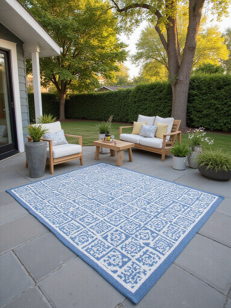 Stylish outdoor rug defining a patio seating area