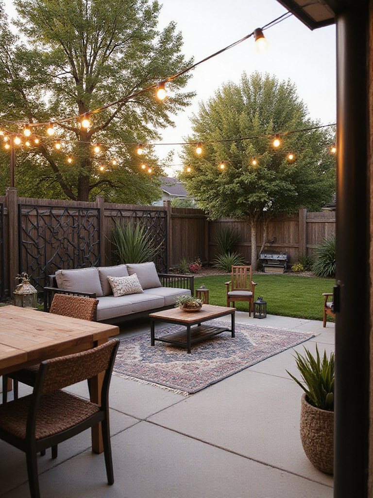 Patio with dining and lounge zones separated by a decorative metal privacy screen.