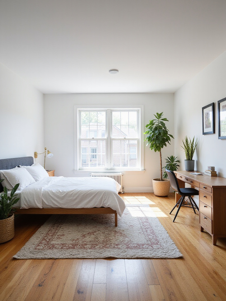 Small bedroom with rugs defining sleeping and workspace zones.