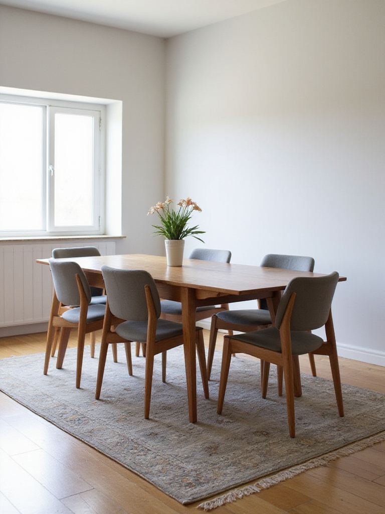 Small dining room with a stylish patterned rug under the table.