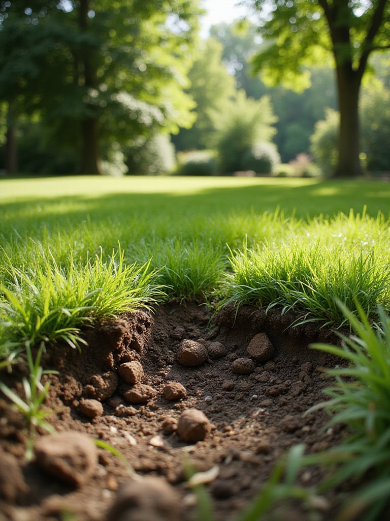 Core aeration on a lawn, showing soil plugs removed to improve air circulation.
