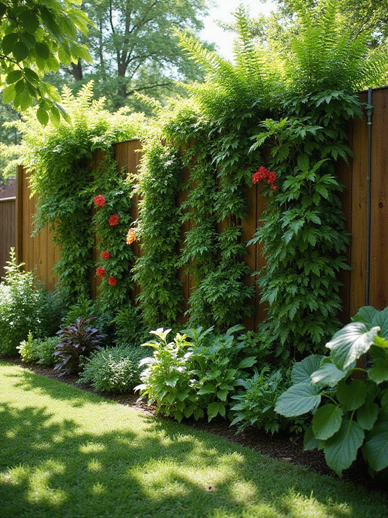 Lush vertical garden transforming a backyard fence into a living wall of greenery.