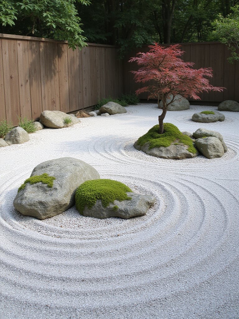 Serene Zen garden with raked gravel, rocks, moss, and a Japanese maple.