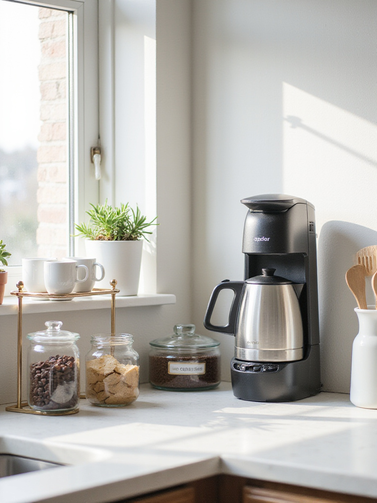 Chic coffee and tea station with modern appliances and organized storage in a bright kitchen.