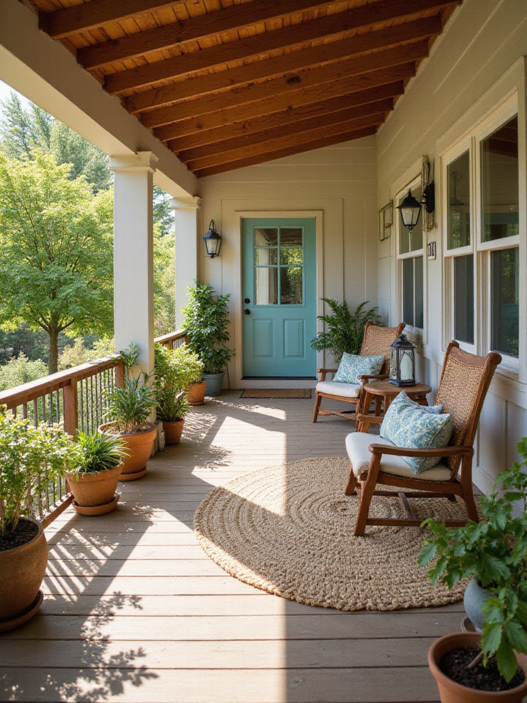 Charming porch decorated with plants, pillows, and a cozy rug, creating a welcoming outdoor space.