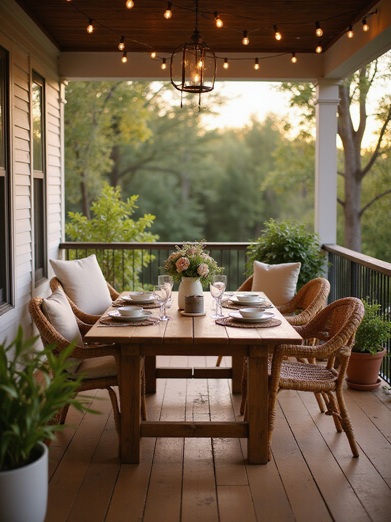 Remodeled porch featuring a beautifully set outdoor dining area with wicker furniture and string lights.