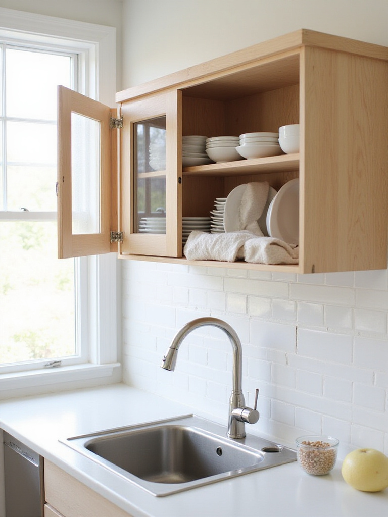 Light wood dish drying cabinet above stainless steel sink in modern kitchen.