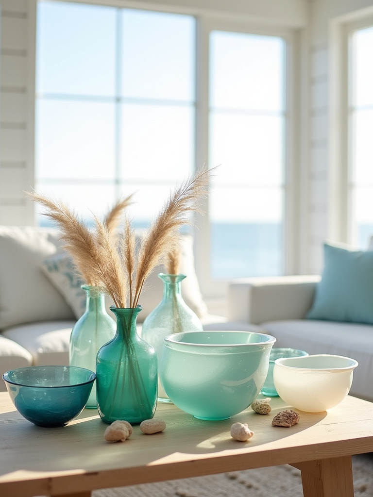 Coastal living room decor featuring decorative vases and bowls in sea glass shades.