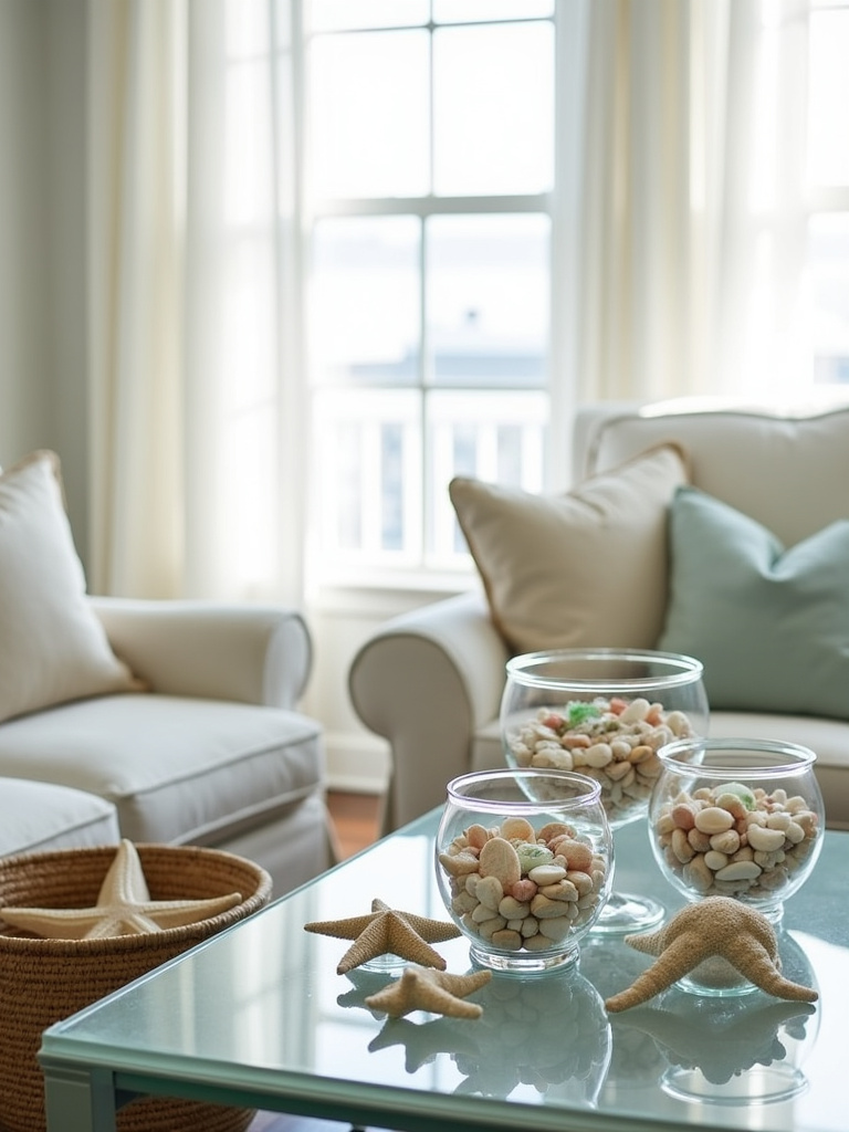 Coastal living room decor with seashells, starfish, and beach glass displayed on a coffee table.