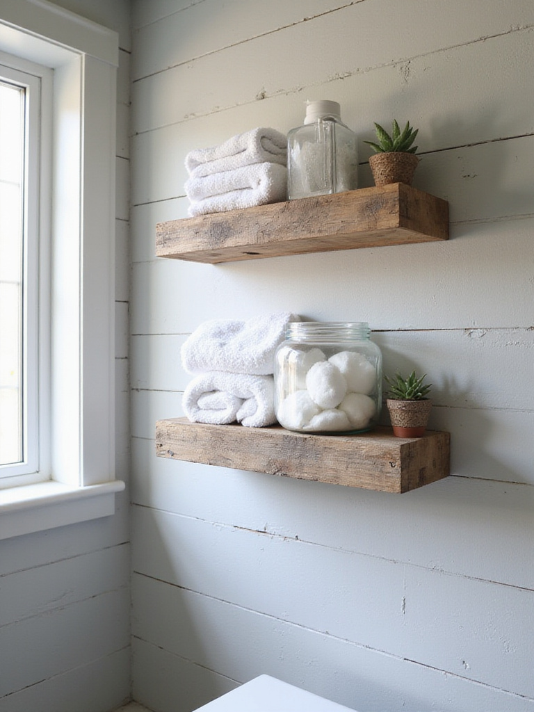Rustic bathroom with distressed wood shelves displaying towels and decor.