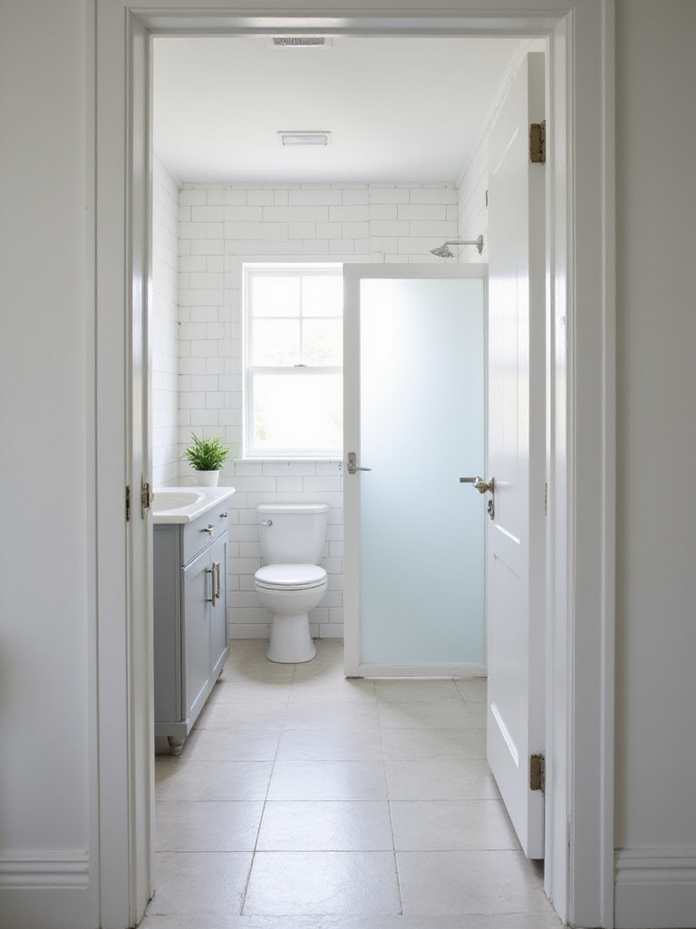 Small bathroom remodel with frosted glass pocket door maximizing space.