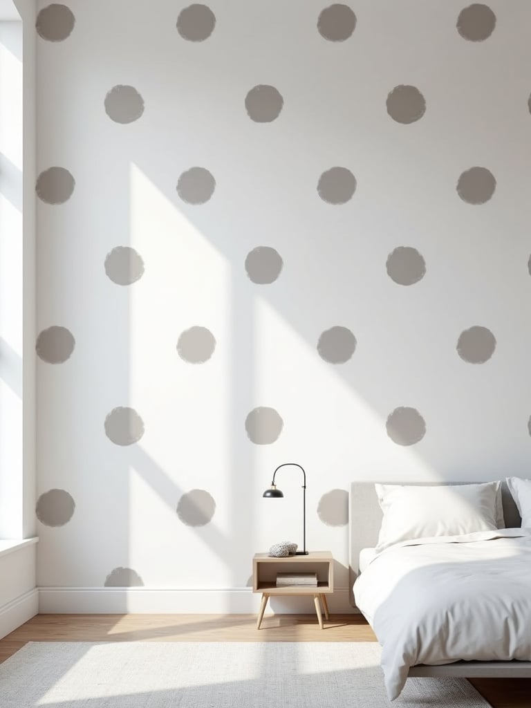 Modern bedroom with grey and white polka dot wallpaper accent wall