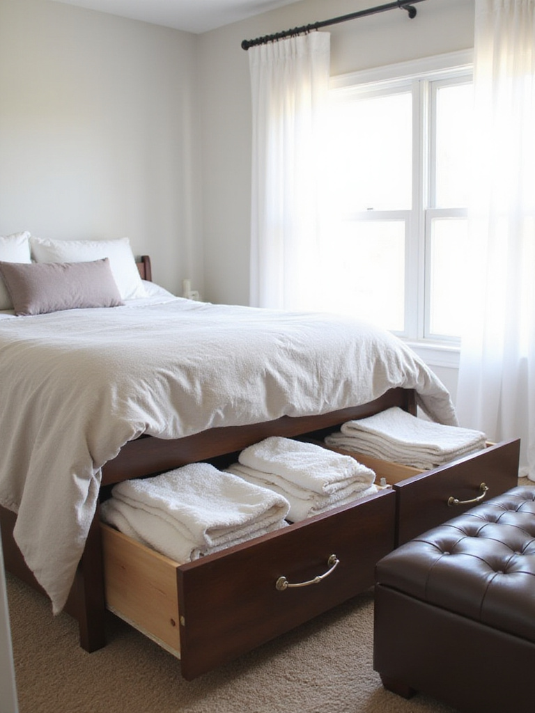 Small bedroom interior featuring a bed with pull-out storage drawers and a storage ottoman for maximizing space.