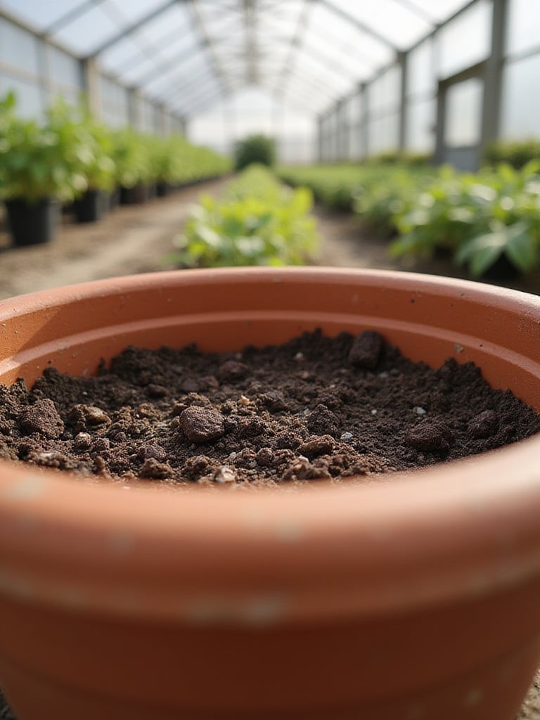 Drainage layer of pea gravel and landscape fabric in the bottom of a terracotta pot ready for planting.