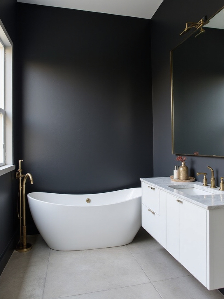Modern bathroom with dramatic black walls, white bathtub, and gold fixtures.