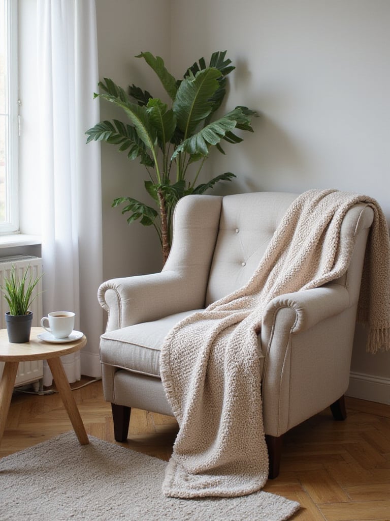 Living room armchair with a cozy throw blanket draped over the back.