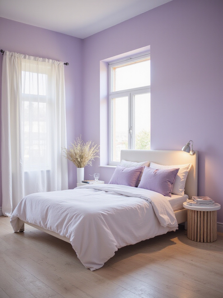 Serene bedroom with light lavender walls and white linen bedding.