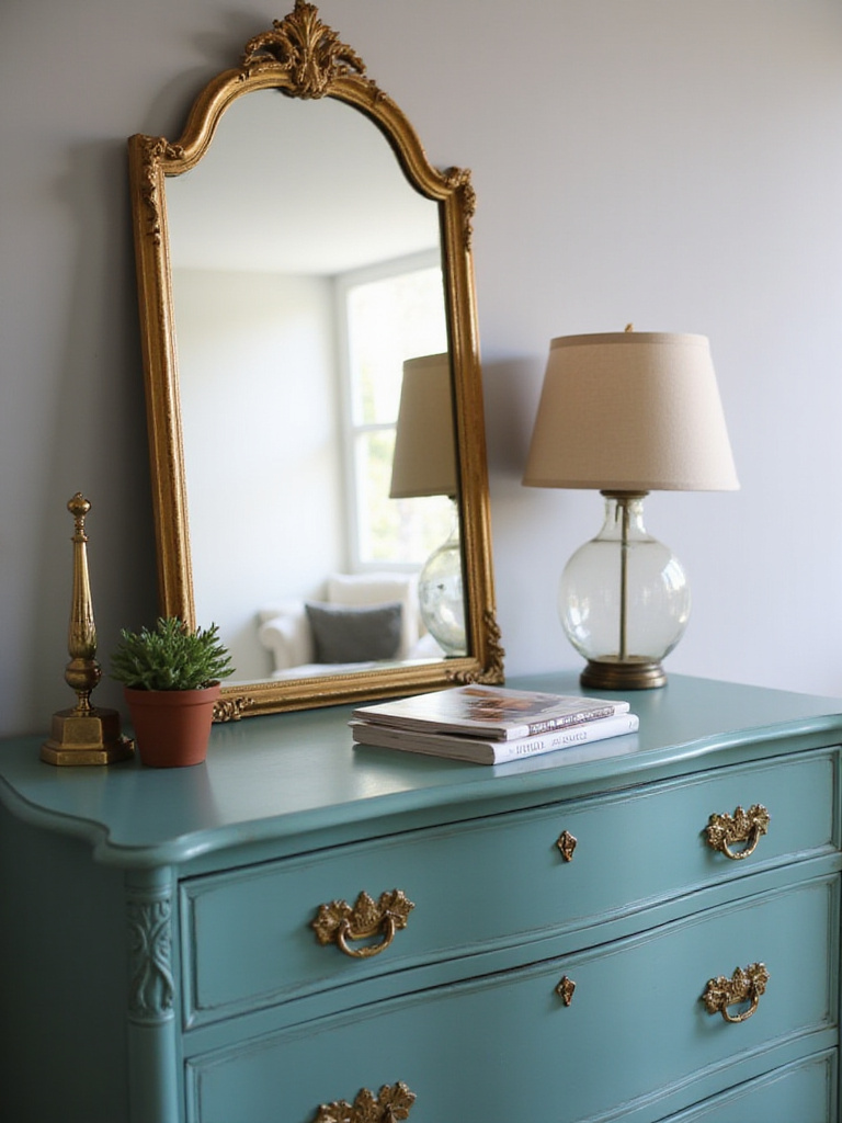 Teal vintage dresser with brass pulls styled as a decorative accent in a bedroom.