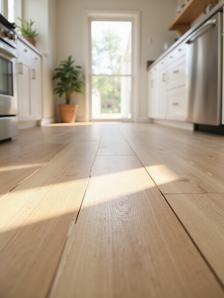 Durable and stylish wood-look porcelain tile flooring in a modern kitchen.