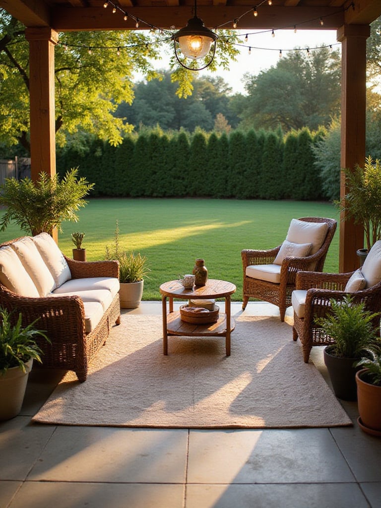 Patio with outdoor rug defining seating area.