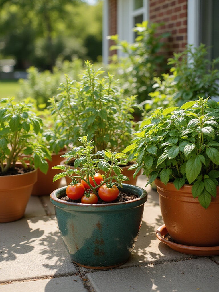 Colorful container garden filled with thriving dwarf vegetable and herb plants on a sunny patio.