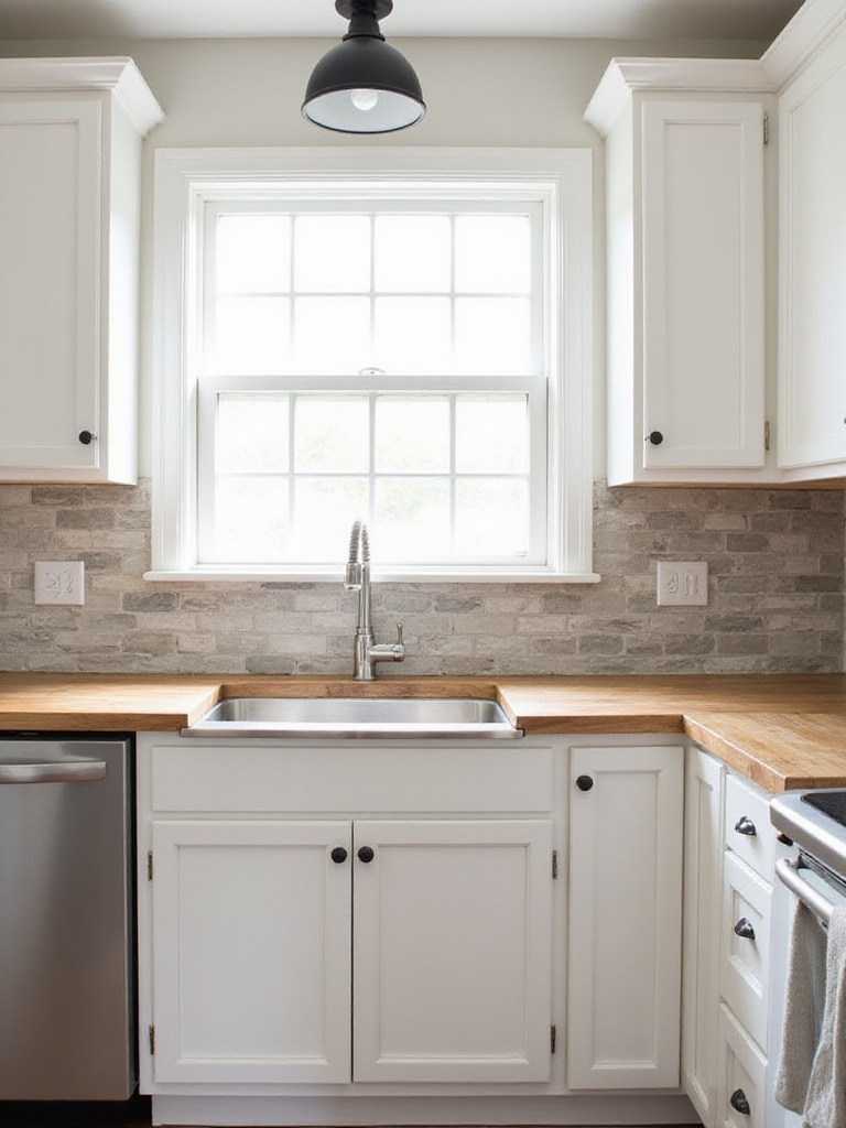Farmhouse kitchen with a light grey limestone backsplash