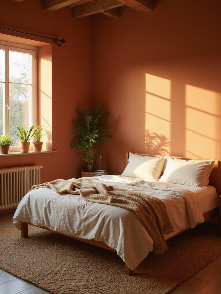 Terracotta bedroom with natural light, linen bedding, and woven rug.