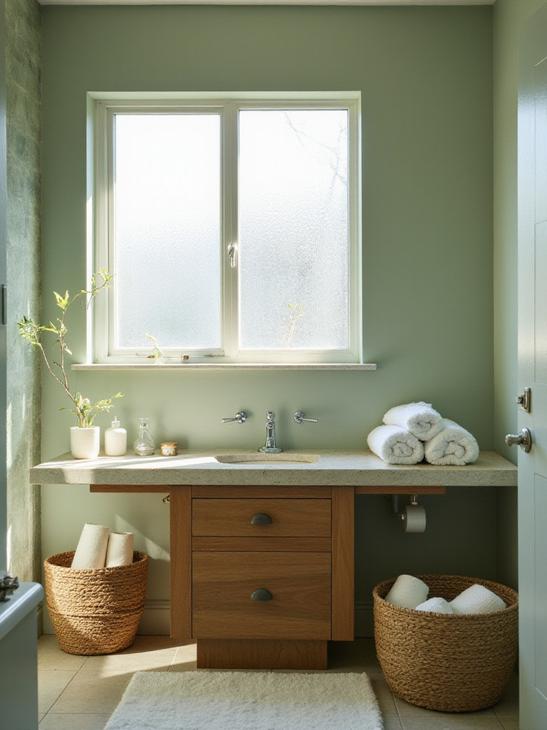 Bathroom with soft sage green walls, wooden vanity, and natural textures creating a serene spa-like atmosphere.