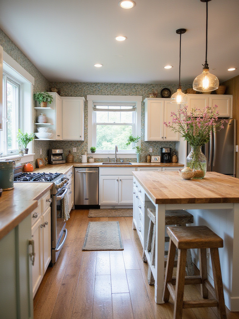 Eclectic kitchen design featuring a mix of modern and vintage elements, including mixed-style cabinetry, a butcher block island, and patterned backsplash.