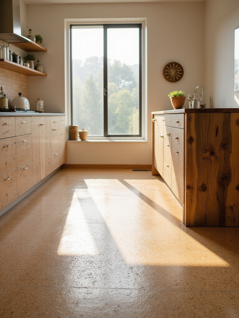 Eco-friendly kitchen with cork flooring and reclaimed wood island.
