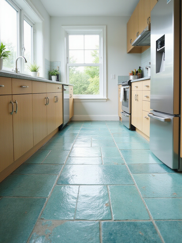 Eco-friendly kitchen floor with recycled glass tiles in a modern kitchen design