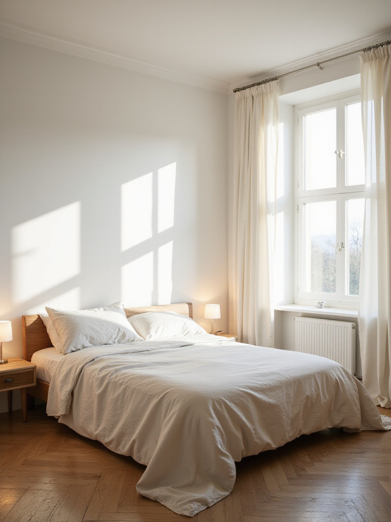 Elegant bedroom with eggshell white walls, soft lighting, and neutral decor.