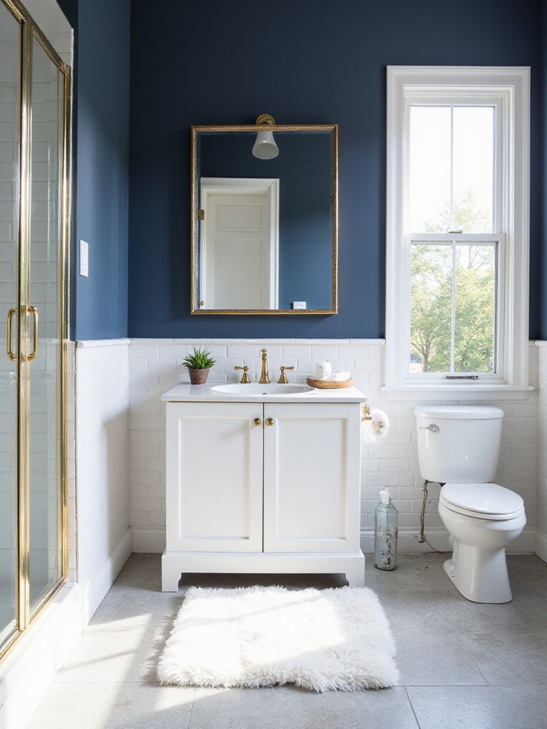 Navy blue bathroom with white vanity and gold accents, creating a timeless and elegant oasis.