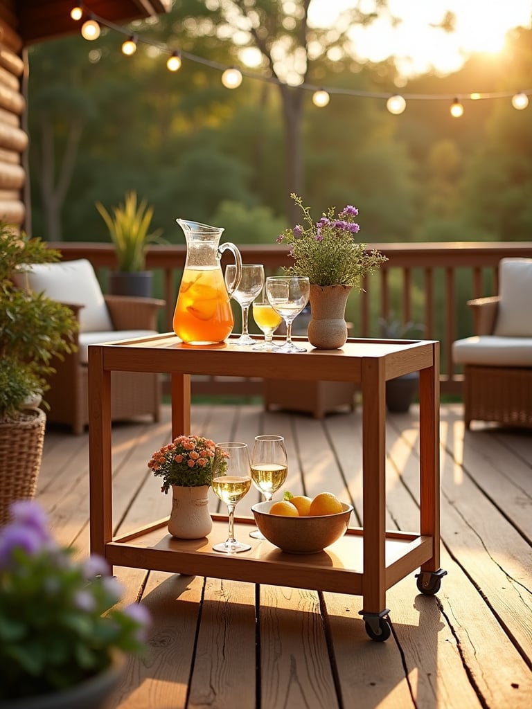 Elegant teak serving cart on a decorated deck with iced tea, fruit, and flowers.