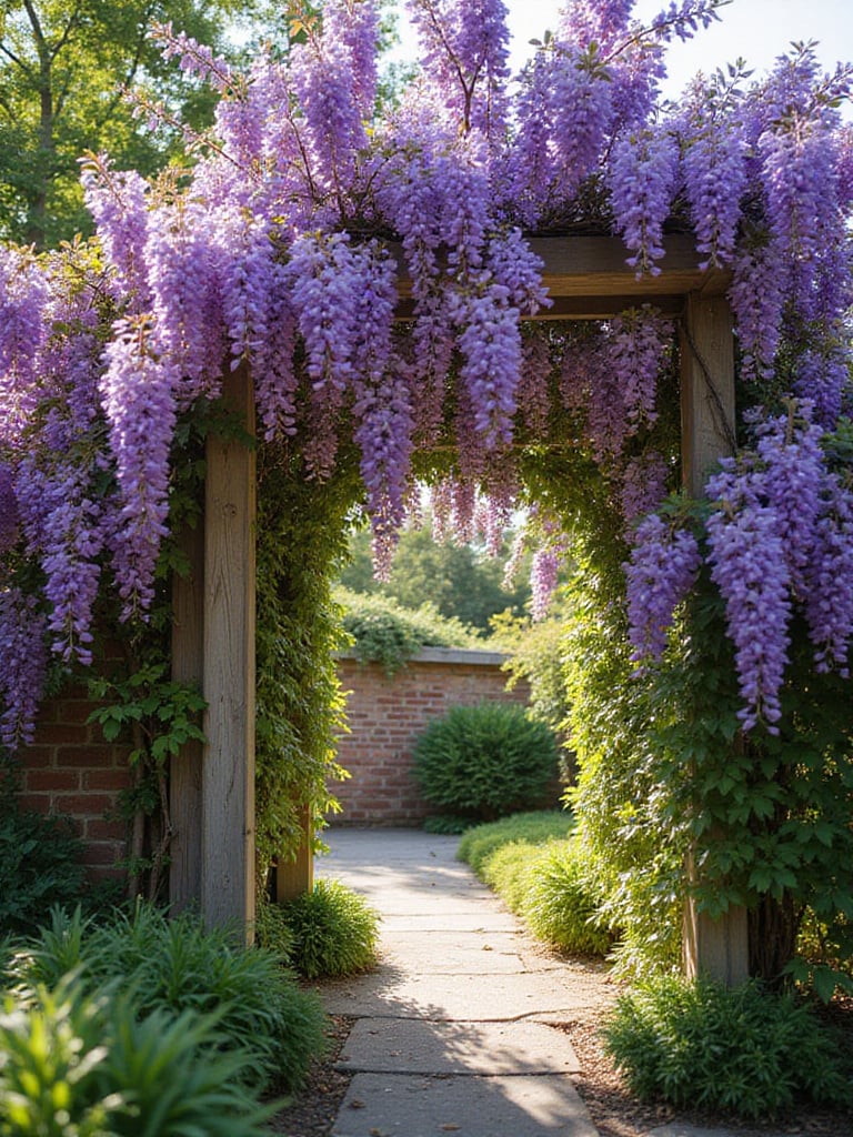 Elegant wooden trellis covered in purple wisteria in a sunny garden.