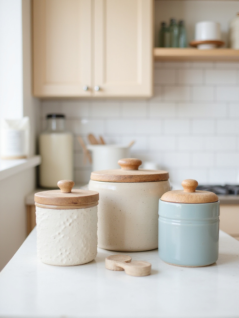 Decorative kitchen canisters on a countertop adding style and storage.