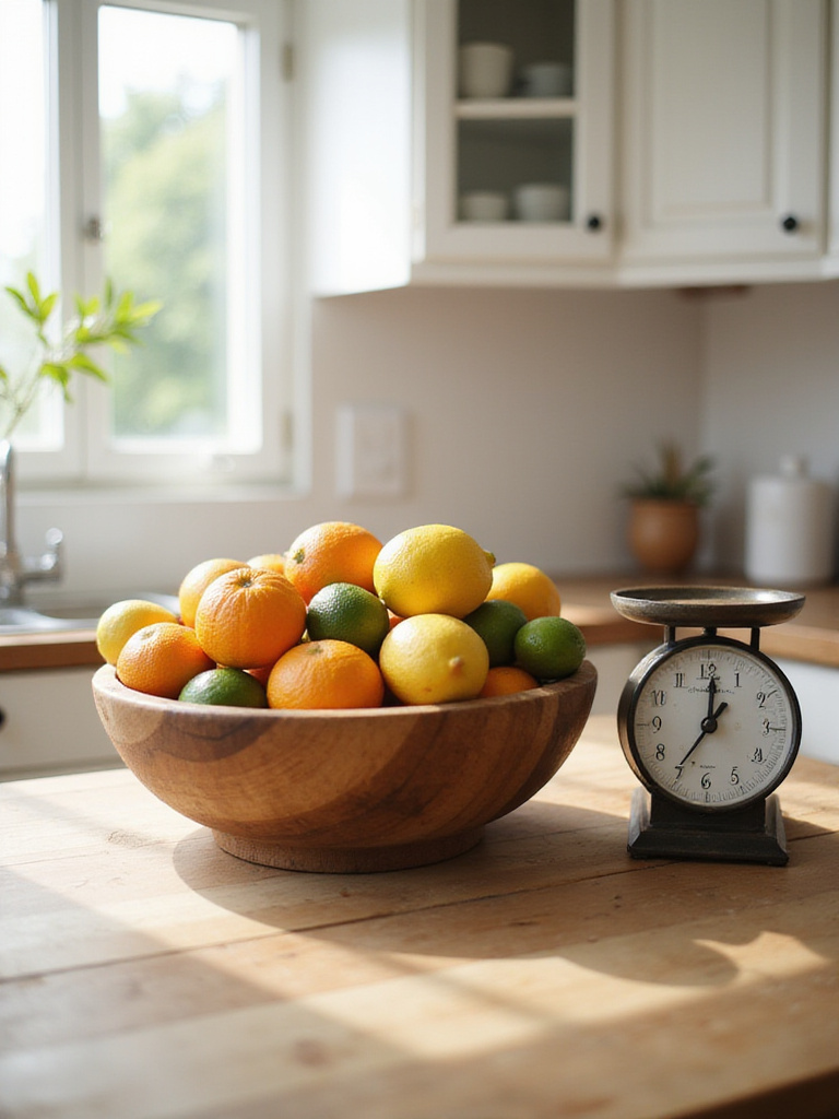 Rustic wooden bowl filled with citrus fruits on a bright kitchen countertop.