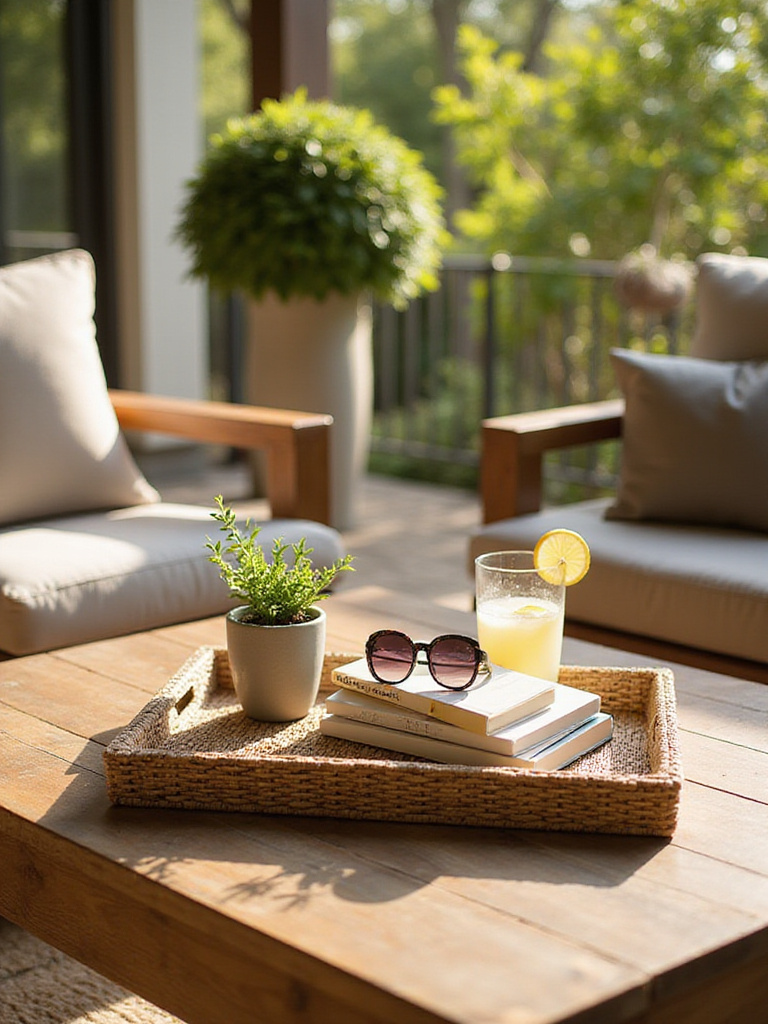 Woven resin tray on a patio coffee table holding books, sunglasses, a succulent, and a glass of lemonade.