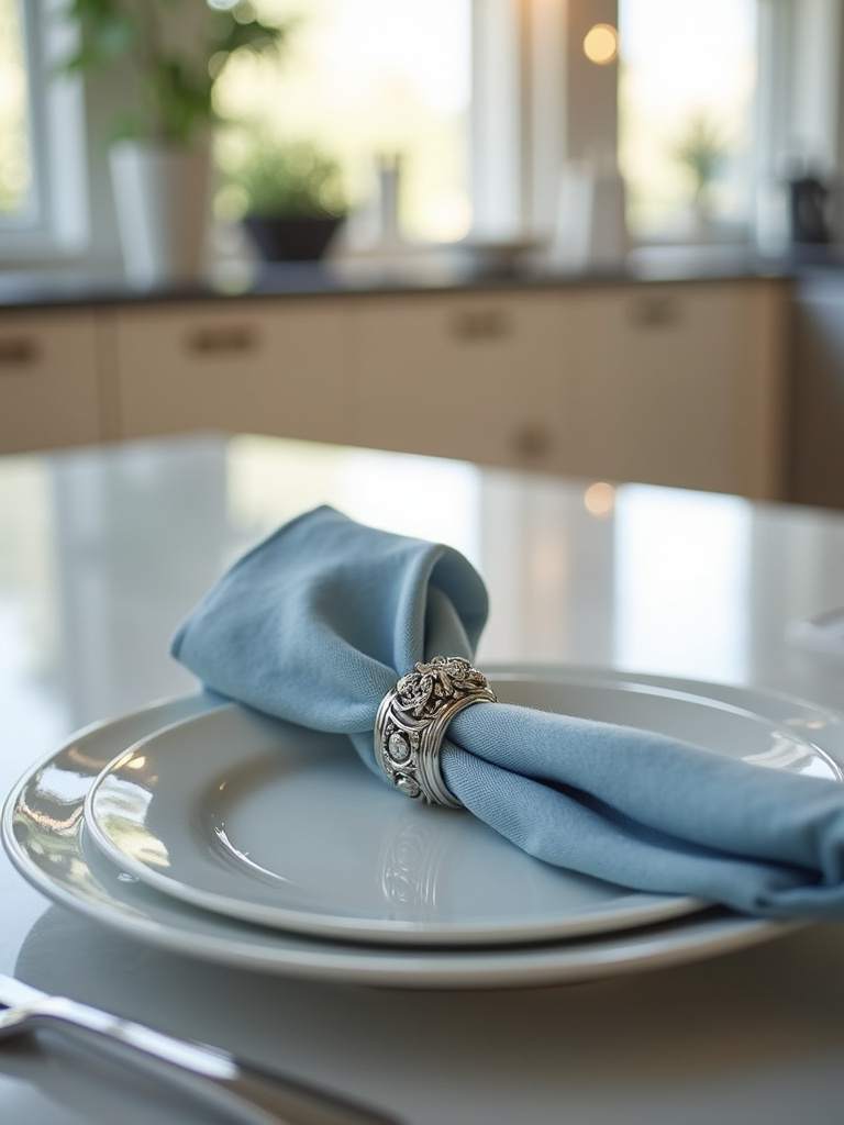 Elegant kitchen table setting with blue linen napkin and silver floral napkin ring