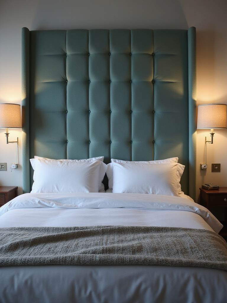 Teal velvet tufted headboard in a modern bedroom