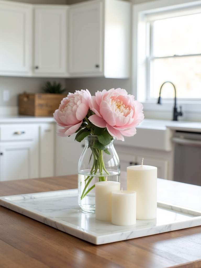 Kitchen table decor: Marble tray with vase of peonies and candles
