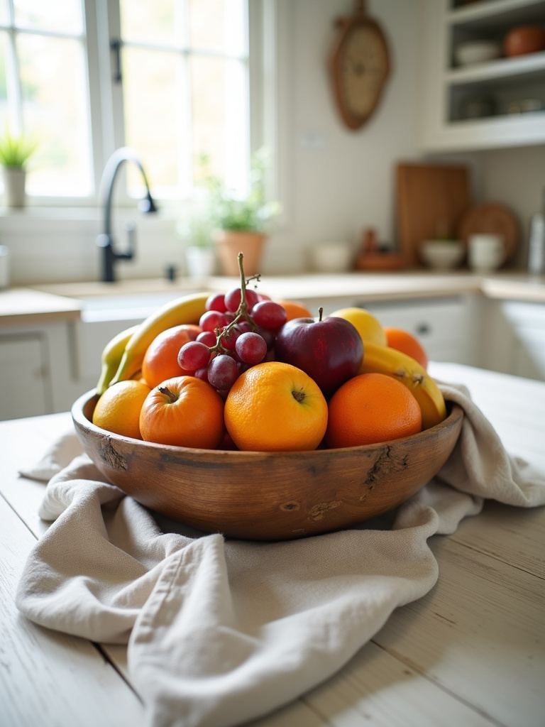 Rustic wooden fruit bowl filled with fresh fruit on a kitchen table