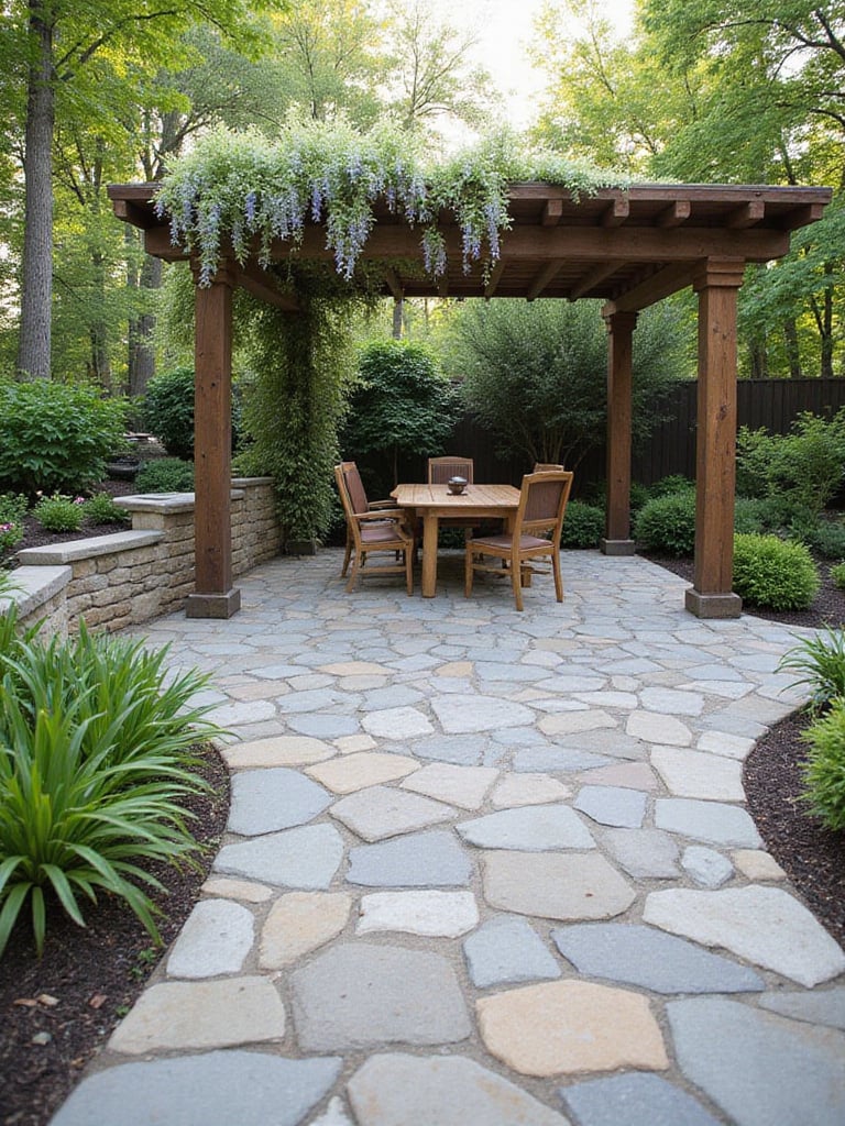 Backyard oasis with flagstone patio, stone wall, wooden pergola, and fire pit.