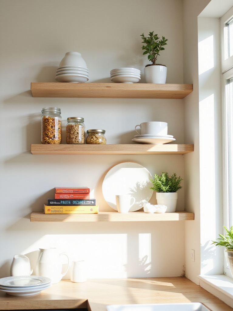Stylish kitchen with open shelving displaying dishes, pantry items, and decor.