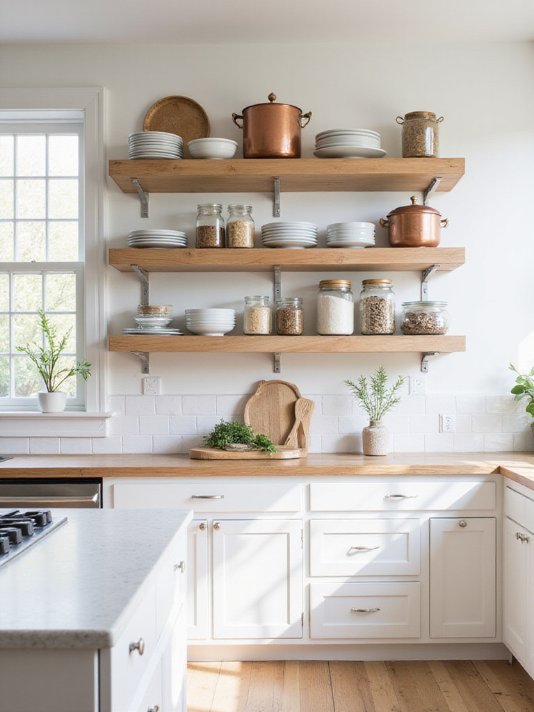 Bright kitchen with open wooden shelving displaying dishes, cookware, and herbs.